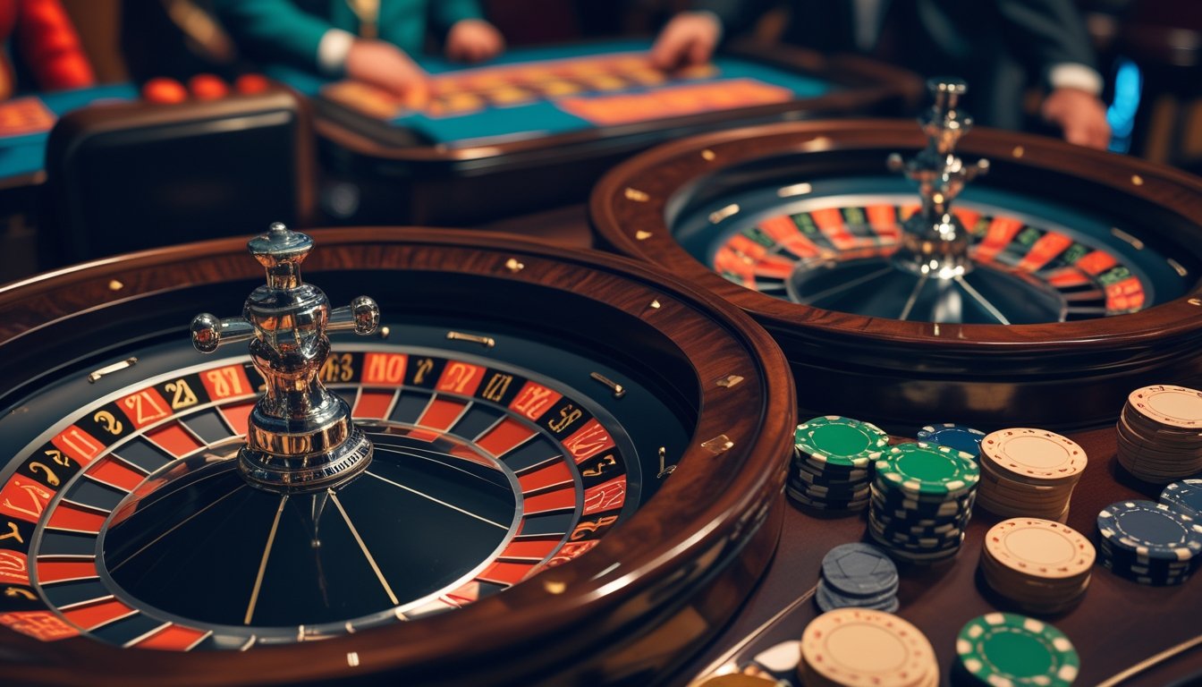 Dua roda roulette berdampingan di meja kasino, satu dengan satu nol dan satu lagi dengan nol tunggal dan nol ganda.