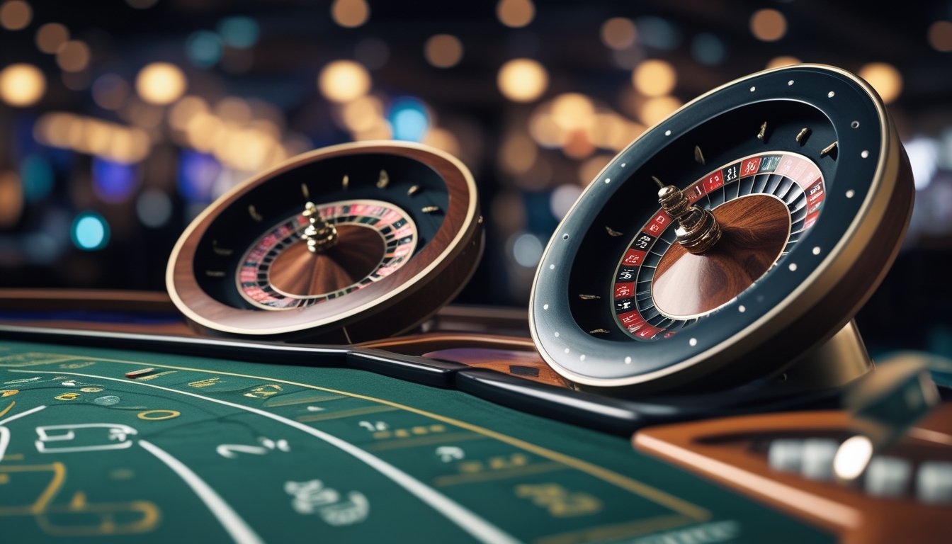 Dua roda roulette berdampingan di atas meja kasino, satu dengan satu nol dan satu lagi dengan nol ganda.