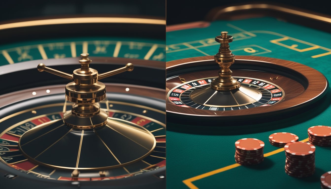 Dua roda roulette berdampingan di atas meja kasino, satu dengan satu nol dan satu lagi dengan nol ganda, menunjukkan perbedaan struktural antara roulette Eropa dan Amerika.