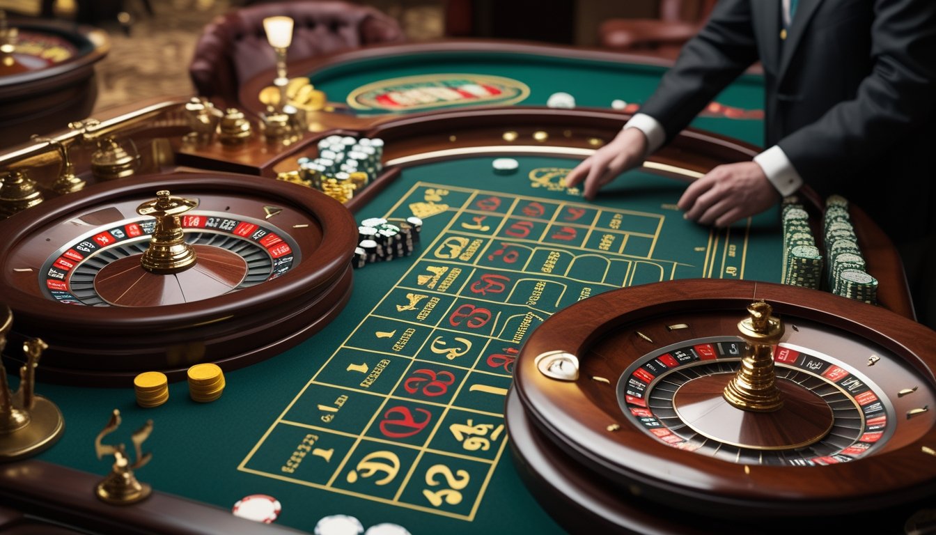 Suasana kasino dengan dua meja roulette, satu meja roulette Eropa dan satu meja roulette Amerika, dengan dealer sedang memutar roda roulette.