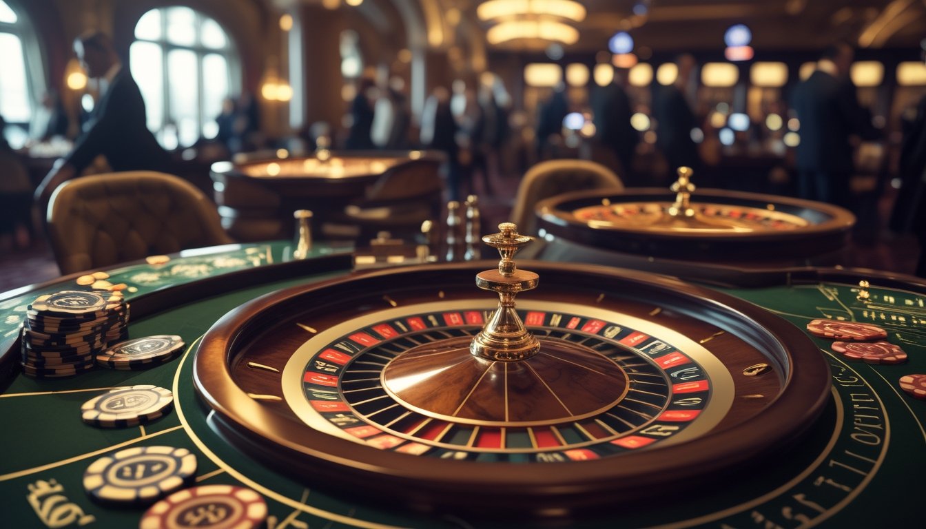 Meja roulette di kasino dengan roda roulette Eropa dan Amerika yang berbeda, dikelilingi oleh elemen kasino klasik dan suasana mewah.