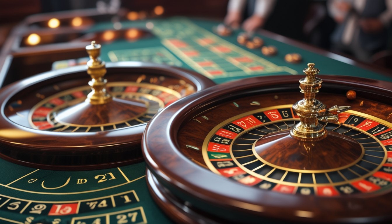 Dua roda roulette, satu European dan satu American, berdampingan di atas meja kasino dengan tata letak taruhan hijau.