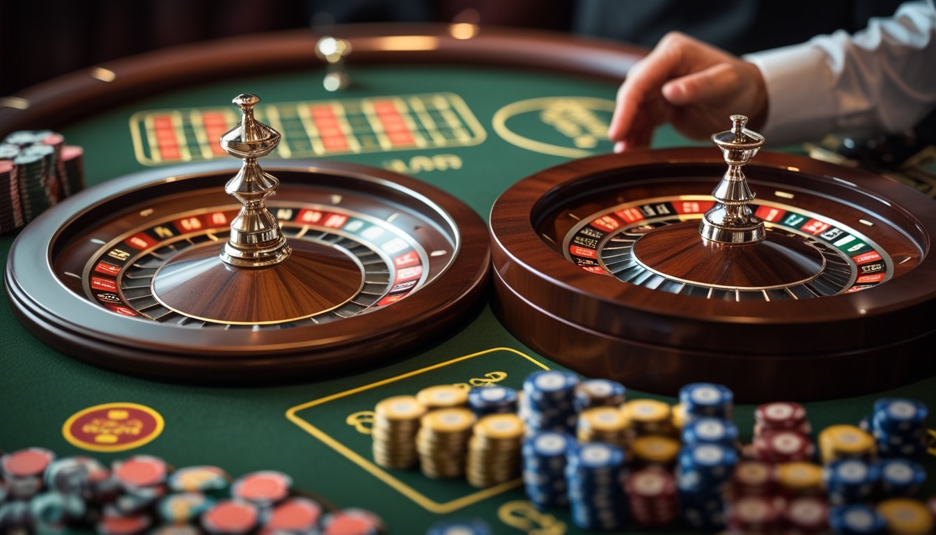 Meja kasino dengan dua roda roulette, satu roda European dengan satu angka nol dan satu roda American dengan dua angka nol, serta beberapa tumpukan chip warna-warni.