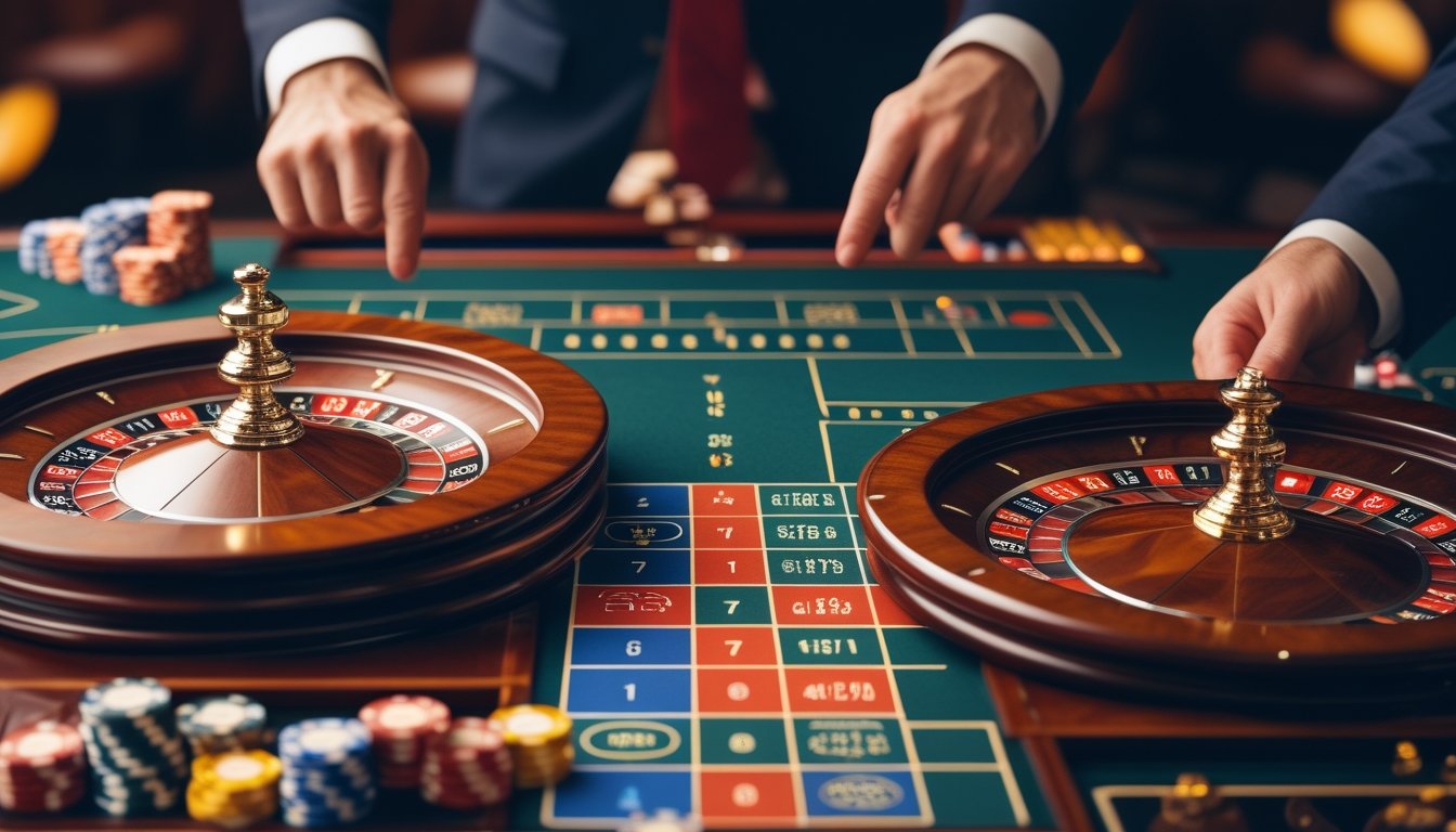 Dua meja roulette dengan roda European dan American berdampingan, menampilkan chip dan tata letak taruhan di kasino.