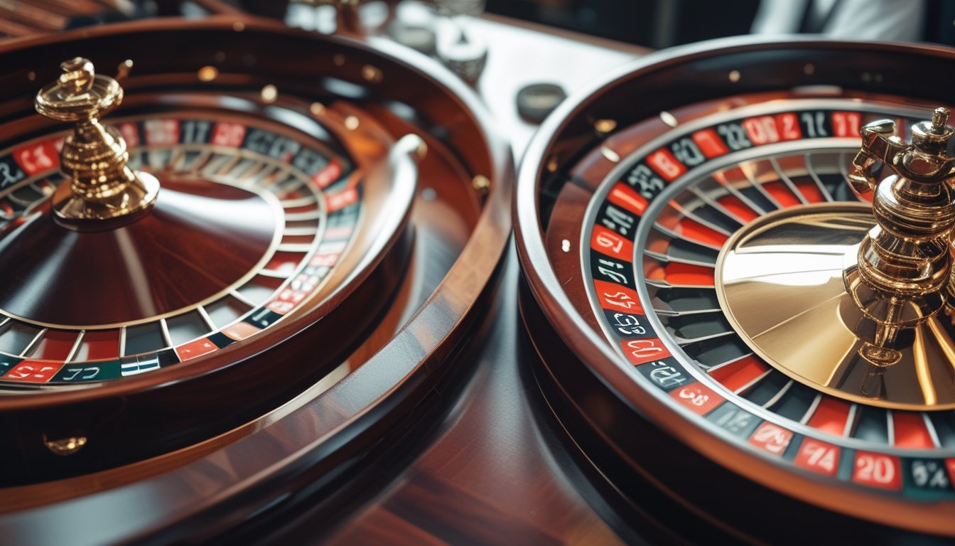Foto close-up dua roda roulette kasino berdampingan, satu dengan satu nol dan satu lagi dengan nol tunggal dan ganda, menunjukkan perbedaan dasar antara roulette Eropa dan Amerika.