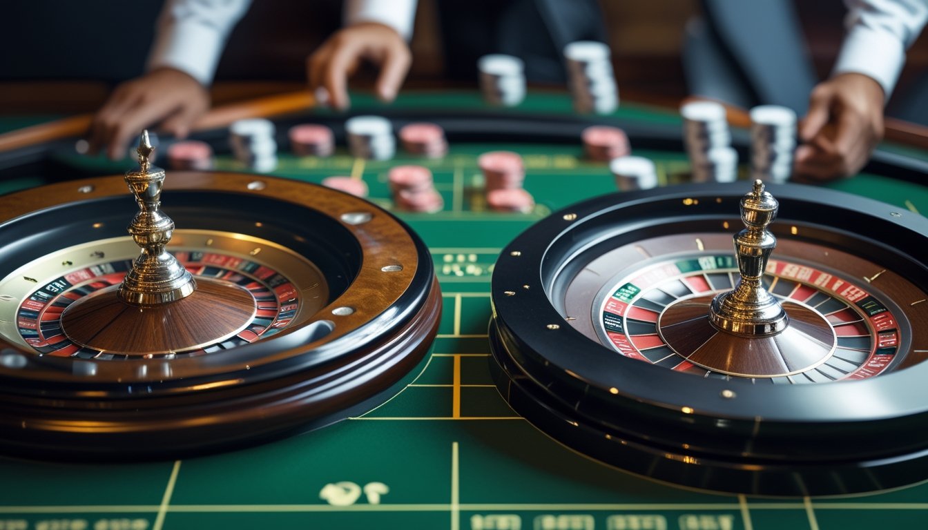 Dua roda roulette berdampingan di meja kasino, satu dengan satu angka nol dan satu lagi dengan nol tunggal dan nol ganda.