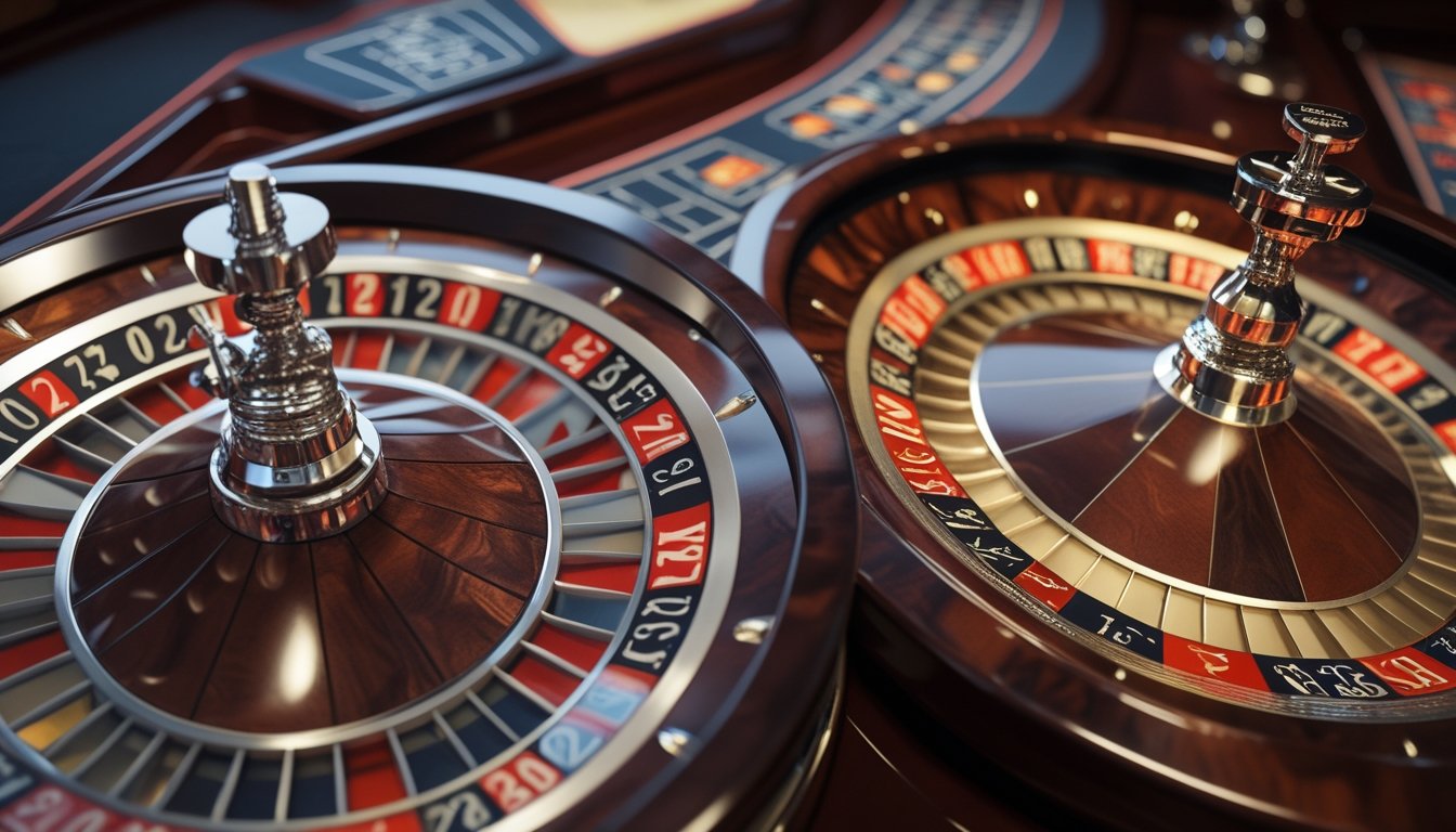 Dua roda roulette berdampingan di meja kasino dengan pencahayaan yang jelas, menunjukkan perbedaan antara roulette Eropa dan Amerika.