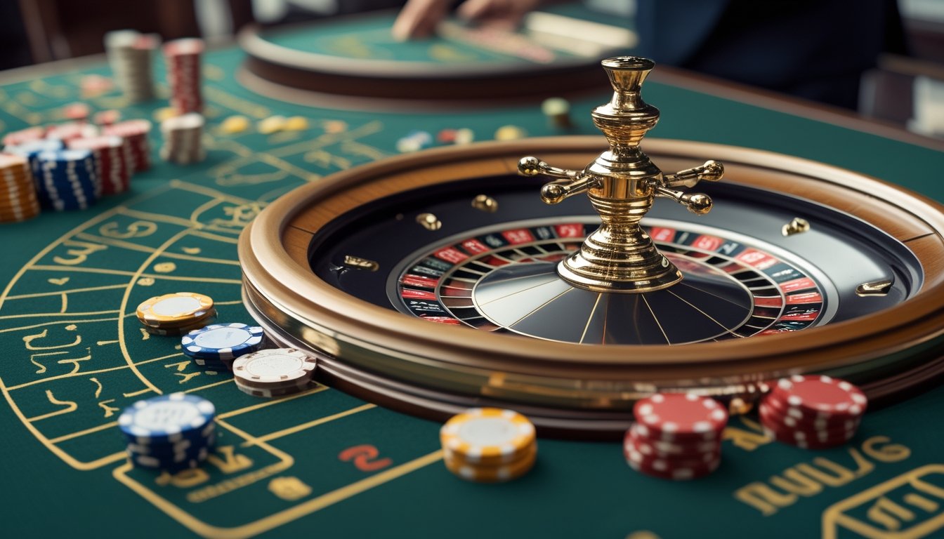 Meja kasino dengan tata letak European Roulette dan American Roulette yang bersebelahan, menampilkan roda roulette dan area taruhan dengan chip.
