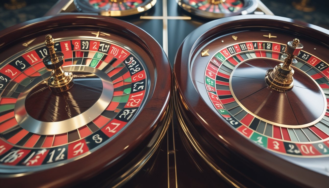 Dua meja roulette berdampingan, satu meja European Roulette dengan satu angka nol, dan satu meja American Roulette dengan angka nol dan nol ganda, terlihat dari atas.