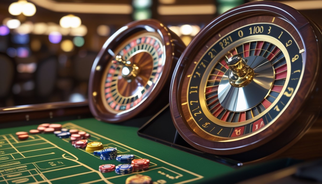 Dua roda roulette, satu Eropa dan satu Amerika, berdampingan di atas meja kasino dengan beberapa chip taruhan di sekitar.