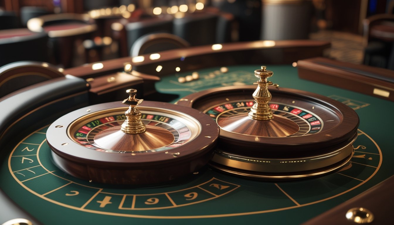 Dua roda roulette berdampingan di meja kasino, satu dengan satu nol dan satu lagi dengan nol ganda, menunjukkan perbedaan utama antara Roulette Eropa dan Amerika.