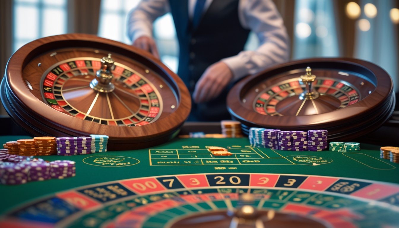 Meja roulette di kasino dengan dua roda roulette, satu Eropa dan satu Amerika, serta dealer yang berdiri di belakang meja.