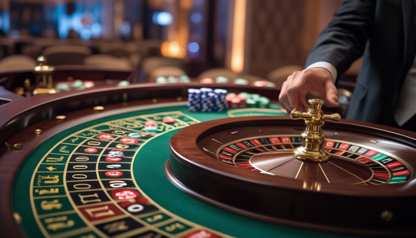 Meja roulette dengan roda Eropa dan Amerika berdampingan, menampilkan angka dan chip taruhan di atas meja hijau.