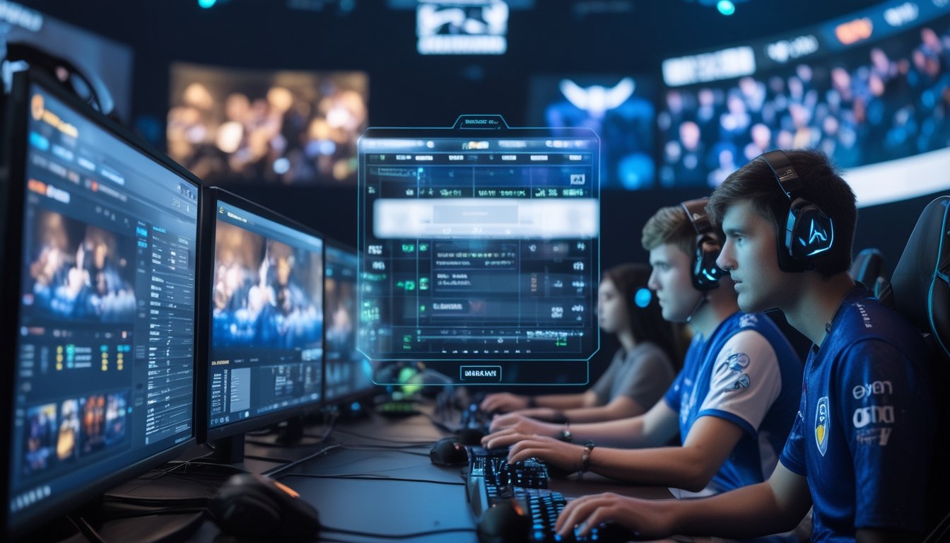 Sekelompok orang muda bermain gim esports dengan layar menampilkan pertandingan dan data taruhan di latar belakang.