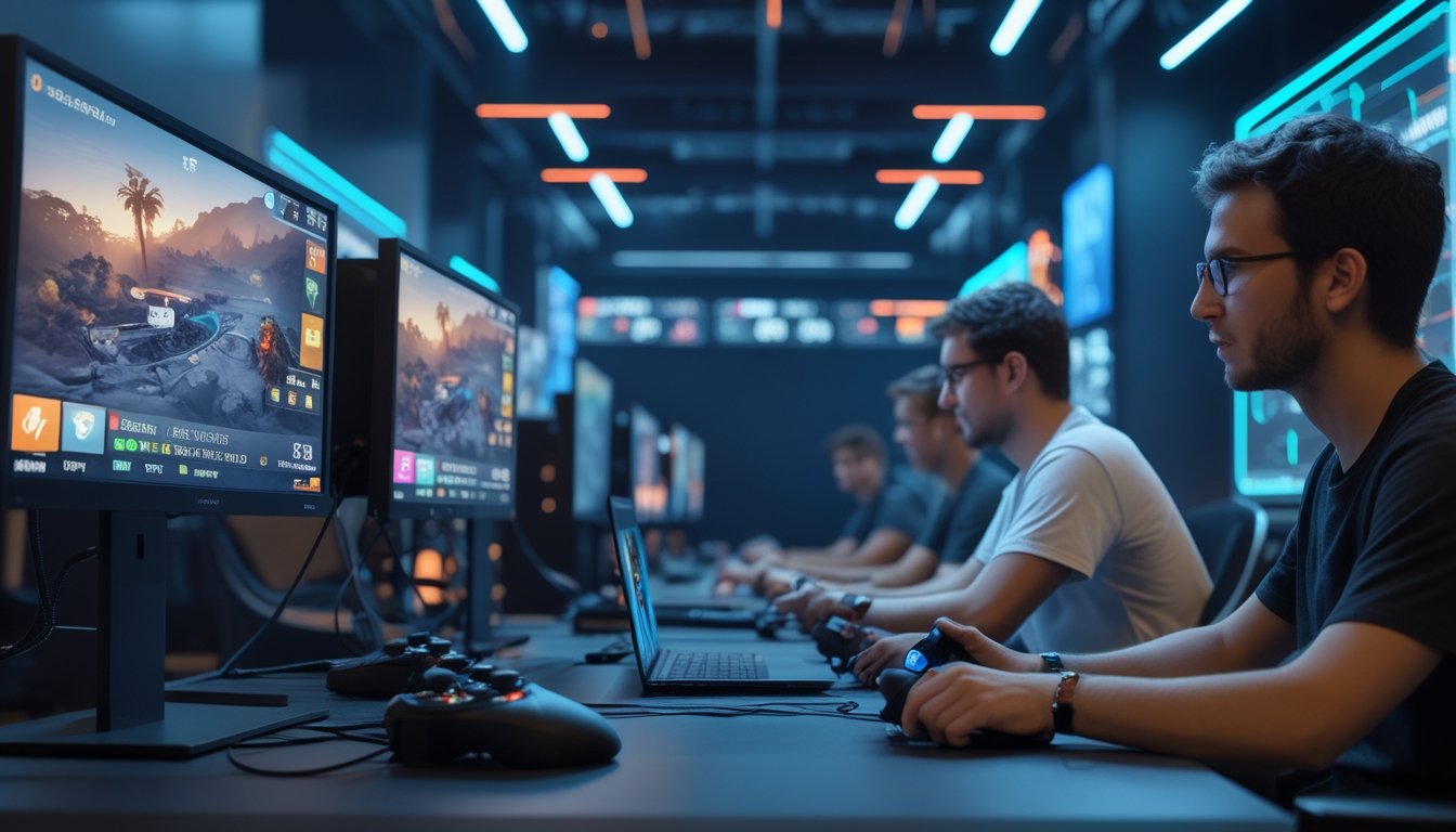 Sekelompok orang muda sedang bermain dan bertaruh pada permainan esports menggunakan komputer dan ponsel dalam ruangan dengan peralatan gaming modern.