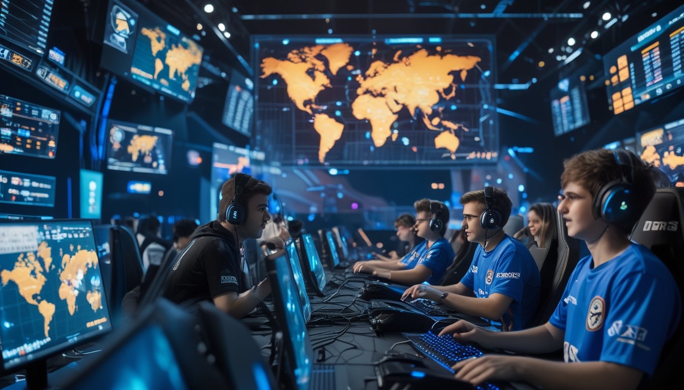 Sekelompok orang muda sedang bermain esports di arena modern dengan layar besar dan pencahayaan warna-warni, menampilkan suasana kompetisi dan koneksi global.