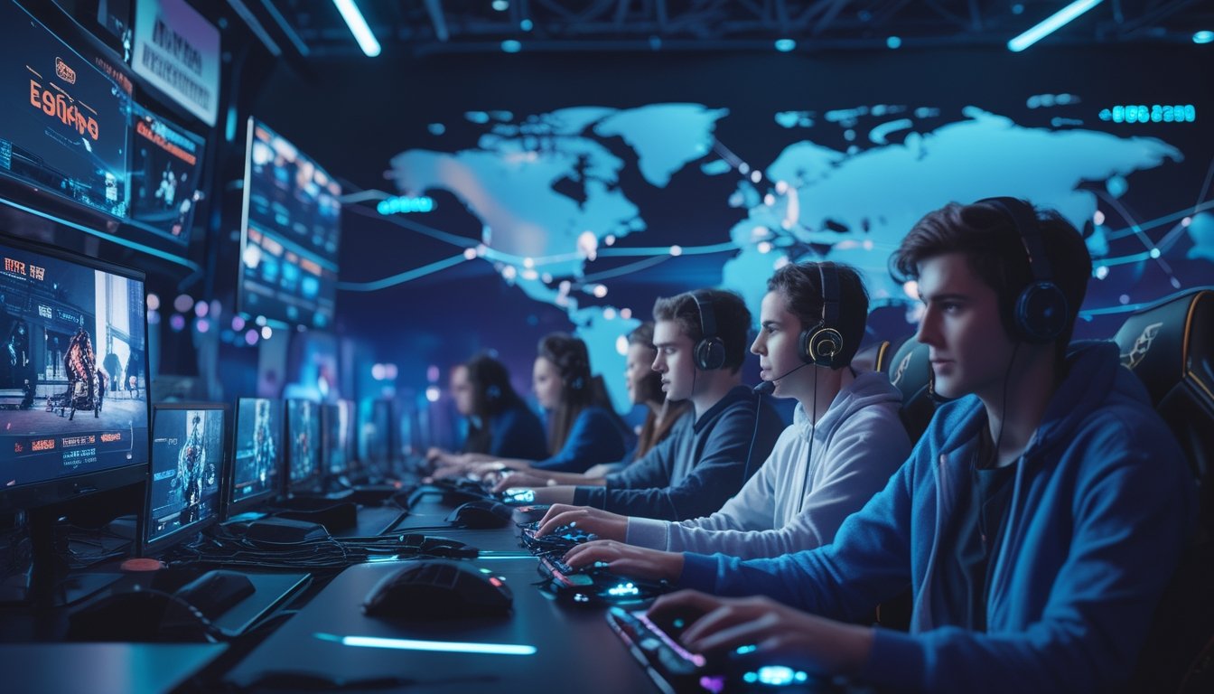 Sekelompok orang muda bermain esports di arena gaming modern dengan layar besar dan grafik yang menunjukkan aktivitas taruhan di latar belakang.