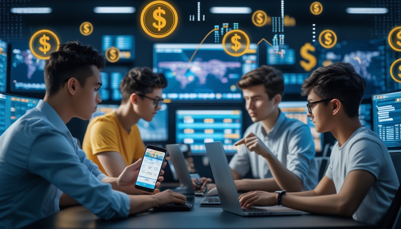 Sekelompok orang muda berkumpul di sekitar meja dengan komputer dan layar yang menampilkan permainan esports dan statistik taruhan, menunjukkan diskusi serius tentang risiko finansial dalam taruhan esports.