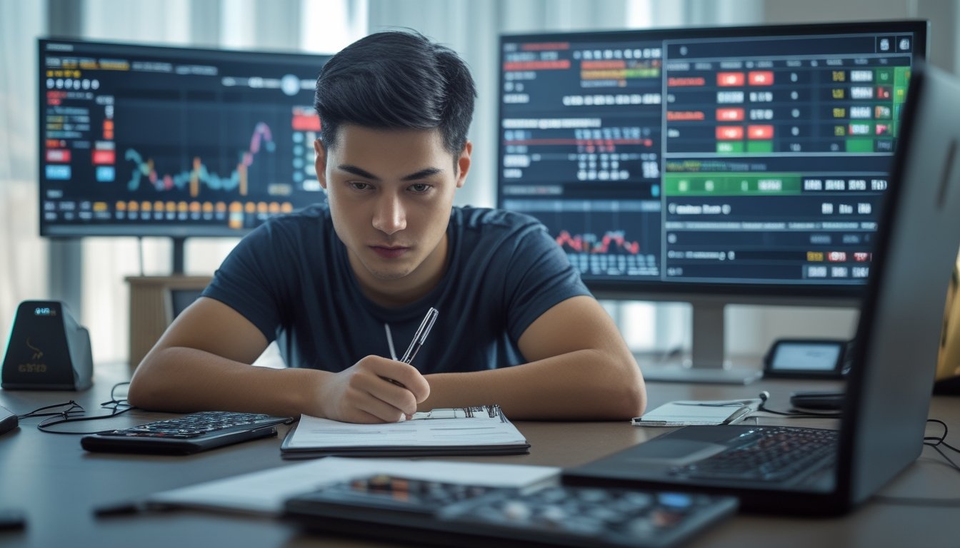 Seorang dewasa muda sedang menganalisis layar komputer dengan grafik dan data terkait taruhan esports di sebuah kantor modern.