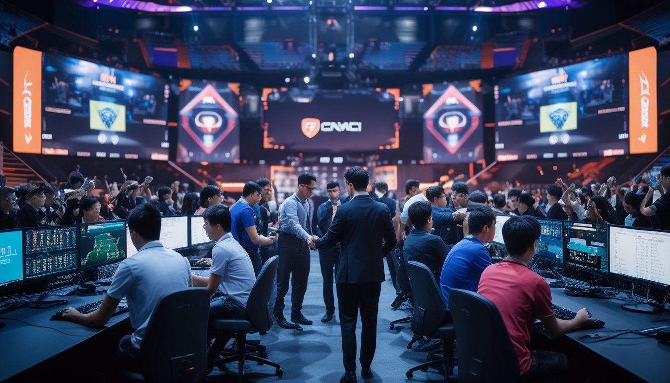 Suasana turnamen esports profesional dengan pemain yang sedang bertanding, perwakilan sponsor berdiskusi dengan manajer tim, dan penonton yang antusias di arena.