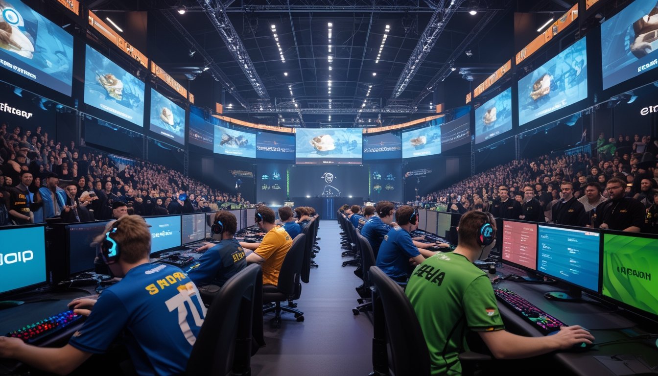 Arena esports profesional dengan pemain yang fokus bermain, penonton antusias, dan iklan sponsor di sekitarnya.