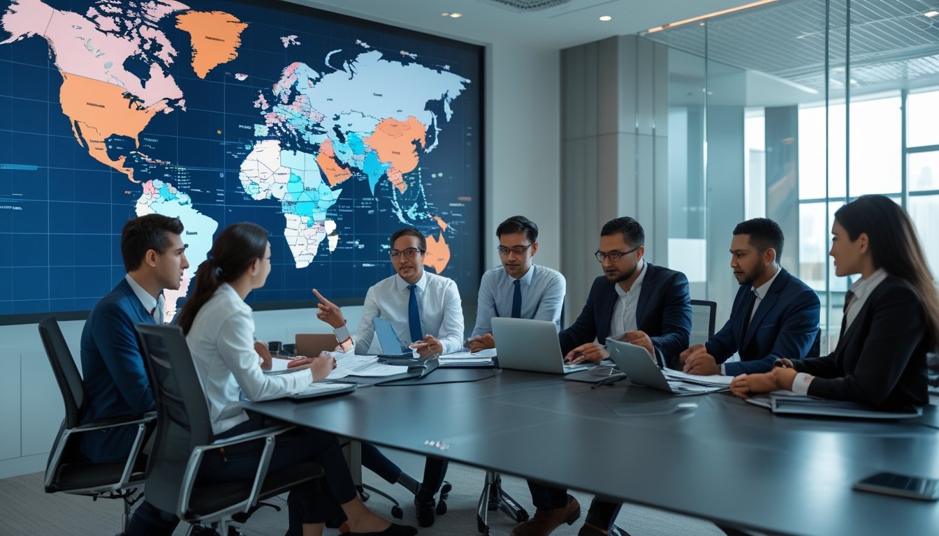Sekelompok profesional sedang berdiskusi di ruang kantor modern dengan peta dunia digital yang menampilkan berbagai negara dan perbedaan regulasi taruhan esports.