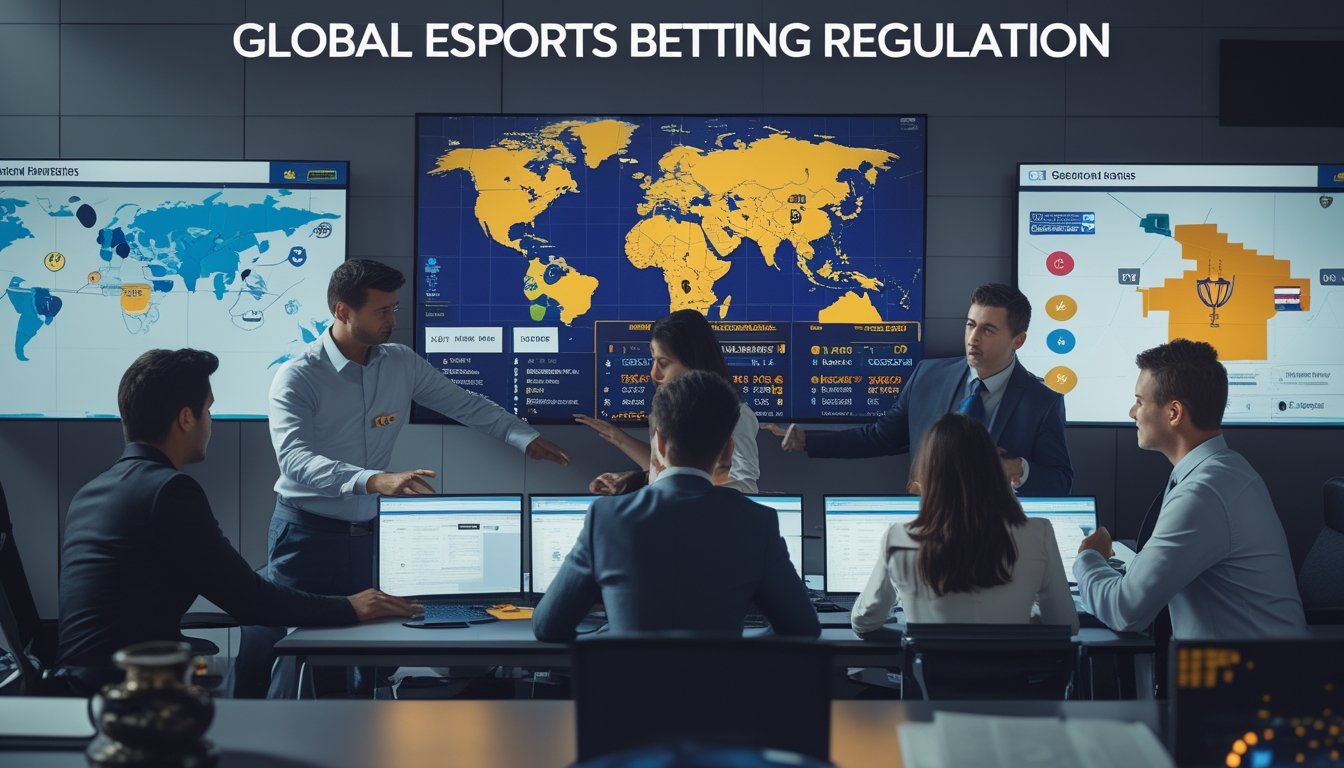 Sekelompok profesional sedang berdiskusi di kantor dengan layar digital yang menampilkan peta dunia, simbol hukum, dan statistik taruhan esports dari berbagai negara.