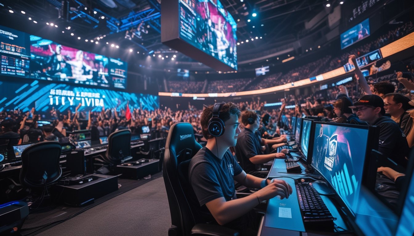Kerumunan penonton antusias di arena esports besar menonton kompetisi permainan video dengan pemain fokus di depan layar besar.