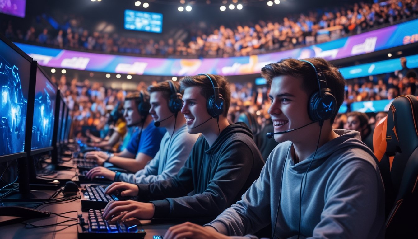Sekelompok orang muda bermain esports di arena dengan penonton yang antusias di latar belakang.
