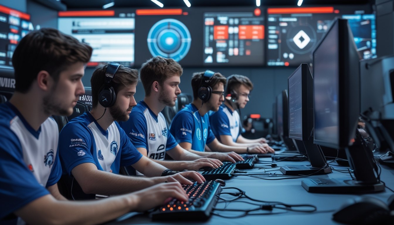Sekelompok pemain esports profesional sedang bekerja sama dan bermain di ruang kantor modern dengan peralatan gaming canggih.