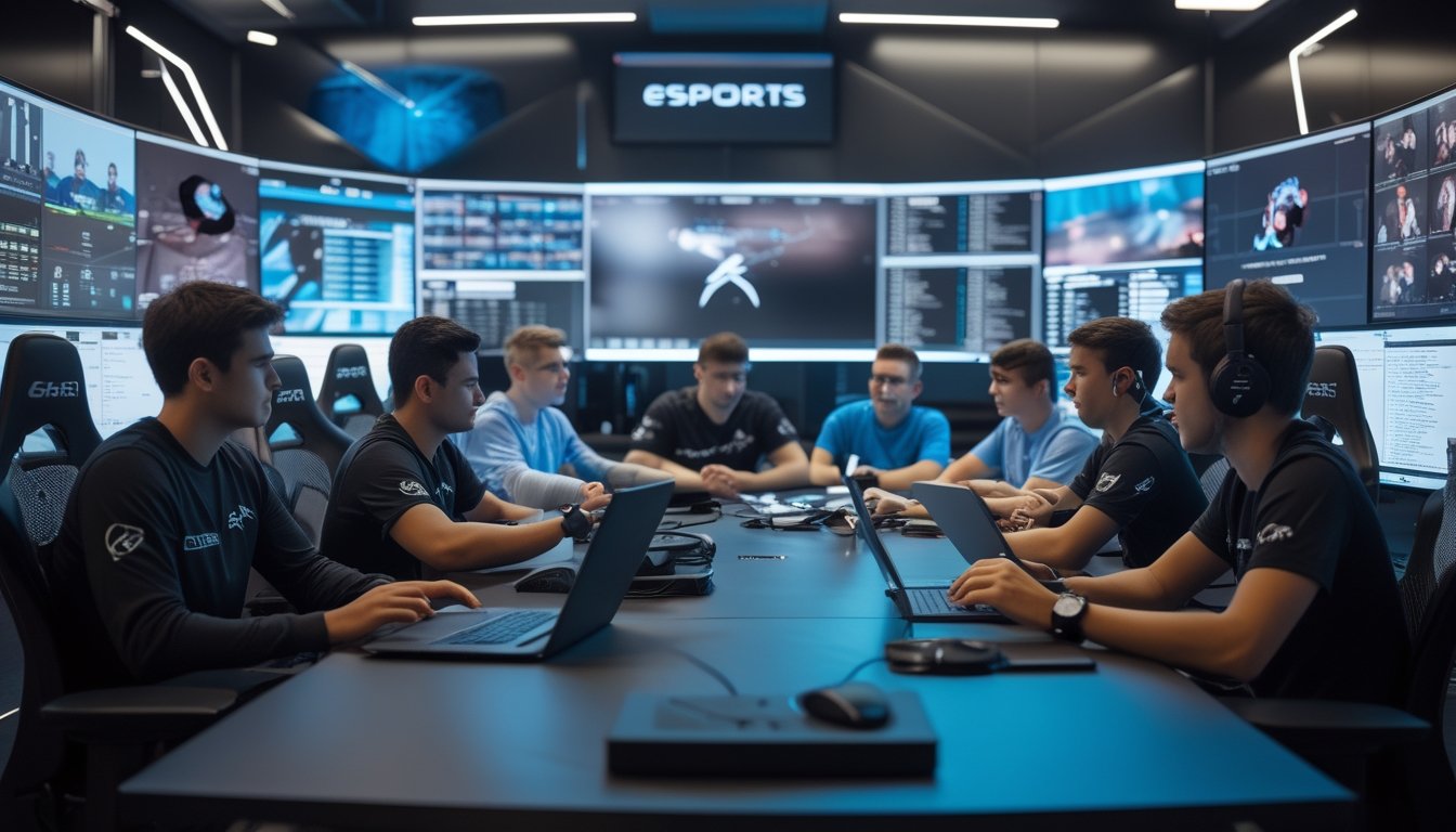 Sekelompok orang muda bekerja sama di kantor modern dengan monitor besar yang menampilkan permainan esports dan data, sedang berdiskusi tentang strategi di sekitar meja konferensi.