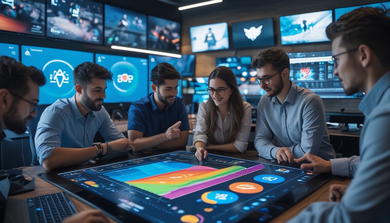 Sekelompok profesional muda sedang berdiskusi di sekitar meja digital dengan grafik dan ikon yang mewakili genre game esports MOBA, FPS, dan Battle Royale.