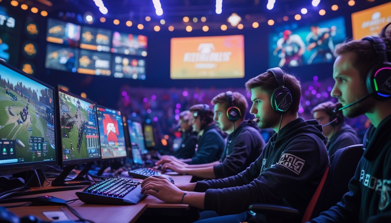 Sejumlah pemain game sedang bermain esports dengan latar belakang arena modern dan penonton yang antusias.