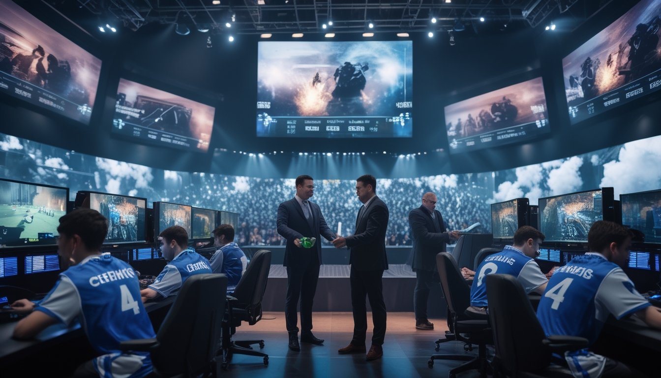 Seorang pemain esports serius bermain di arena kompetisi dengan layar besar di latar belakang, sementara dua orang menukar uang secara diam-diam di sekitarnya.