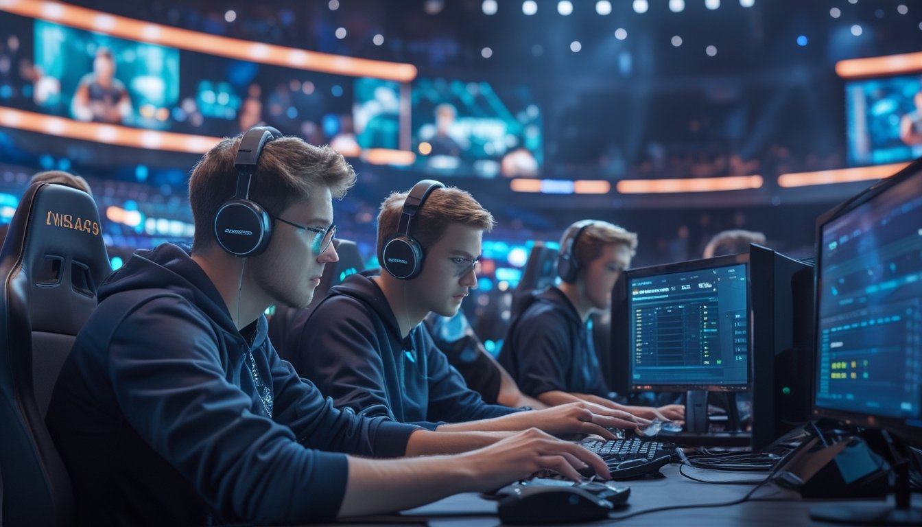 Sekelompok pemain esports serius sedang bermain dan berdiskusi di arena permainan modern dengan layar besar di latar belakang.