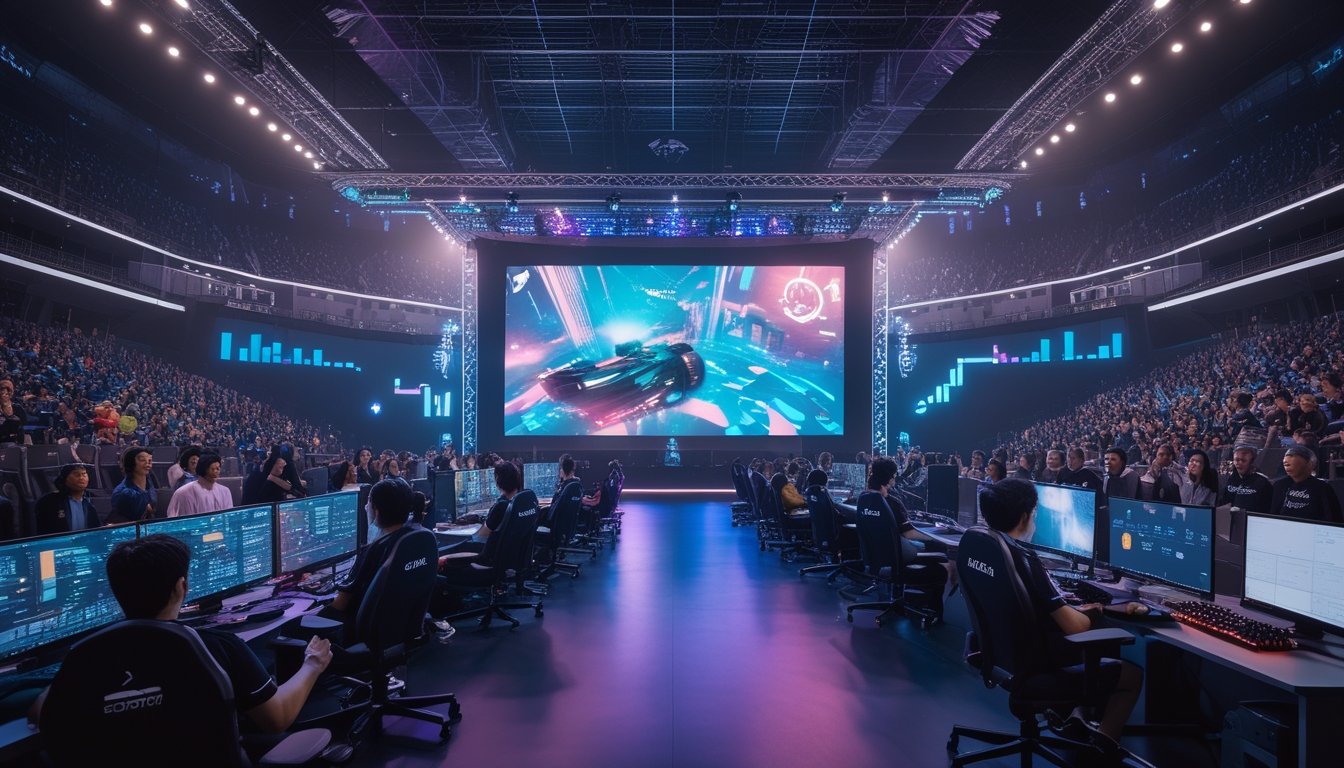 Arena esports modern dengan pemain profesional dan penonton yang antusias menonton pertandingan di layar besar.