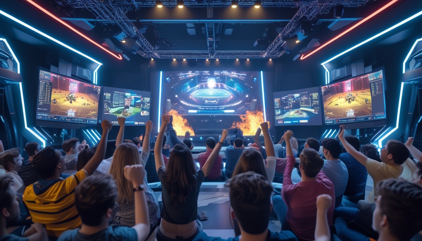 Sekelompok orang muda menonton turnamen esports dengan antusias di arena permainan modern yang ramai.
