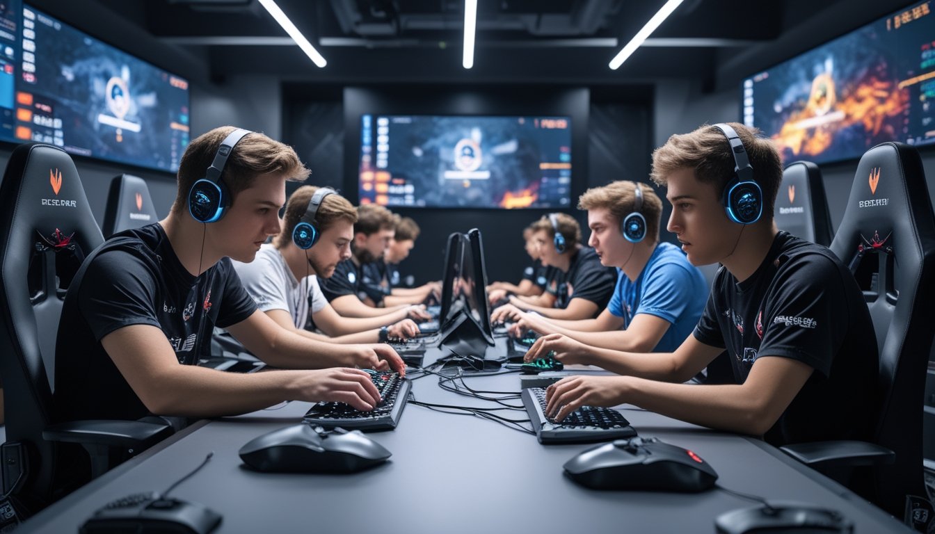 Sekelompok orang muda sedang bermain video game kompetitif di ruang modern dengan peralatan gaming canggih dan layar besar.