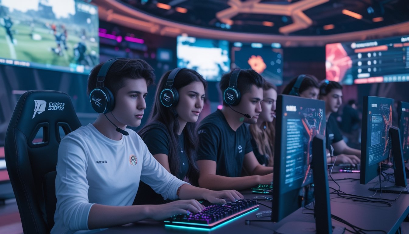Sekelompok orang muda sedang bermain dan bekerja sama dalam lingkungan esports yang modern dengan peralatan gaming canggih dan layar besar.
