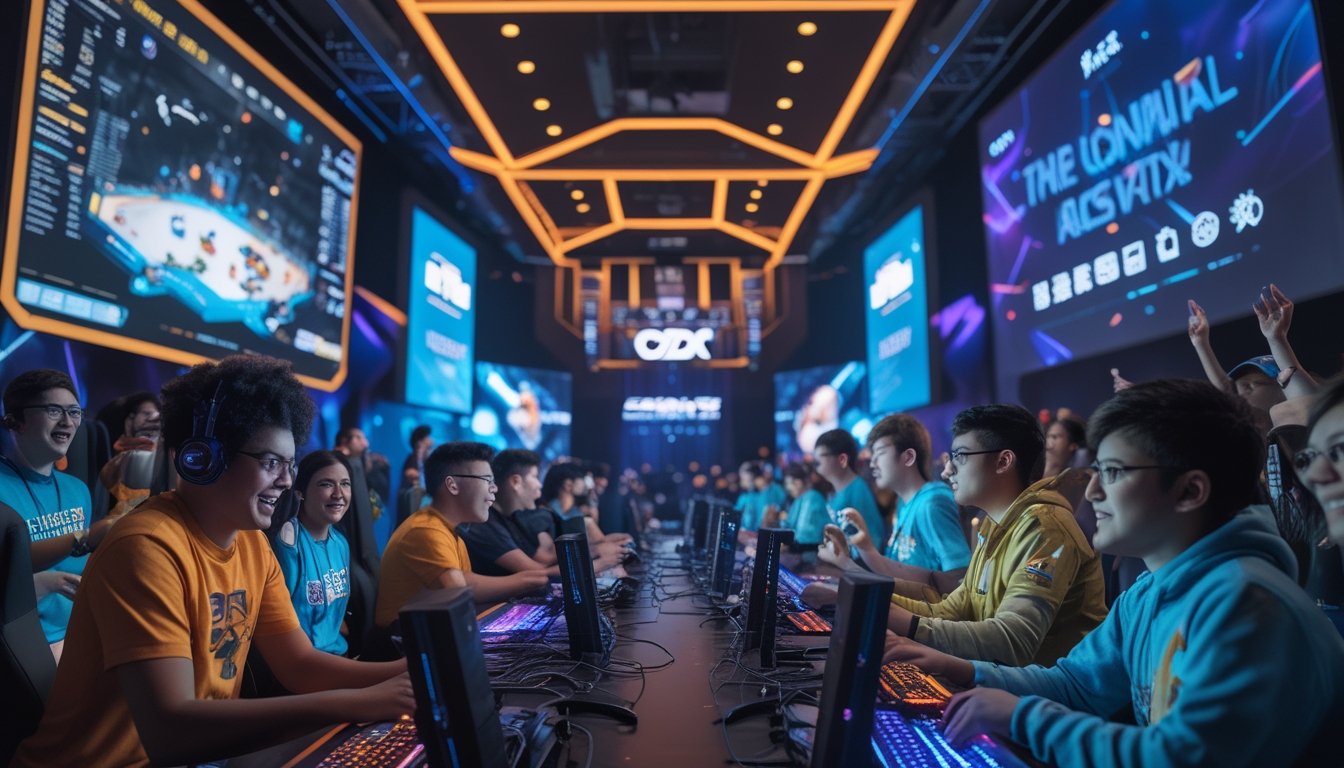 Sekelompok orang muda sedang berkompetisi dalam turnamen esports di arena modern dengan layar besar dan penonton yang antusias.