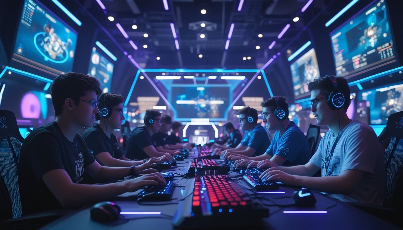 Sekelompok orang muda sedang bermain game esports secara kompetitif di arena gaming modern dengan peralatan teknologi tinggi dan layar besar yang menampilkan permainan.