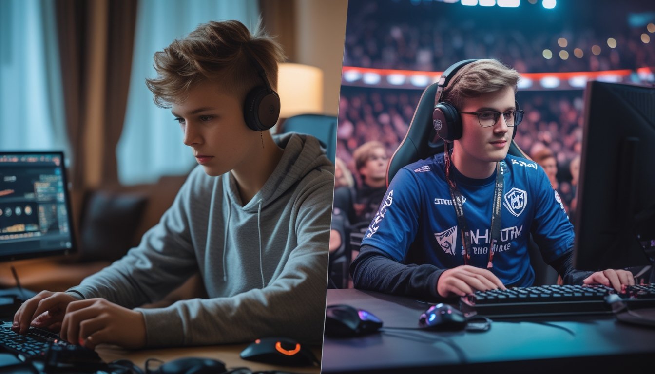 Seorang atlet esports yang menunjukkan perjalanan karir dari pemain amatir di rumah hingga menjadi pemain profesional di arena esports dengan penonton.