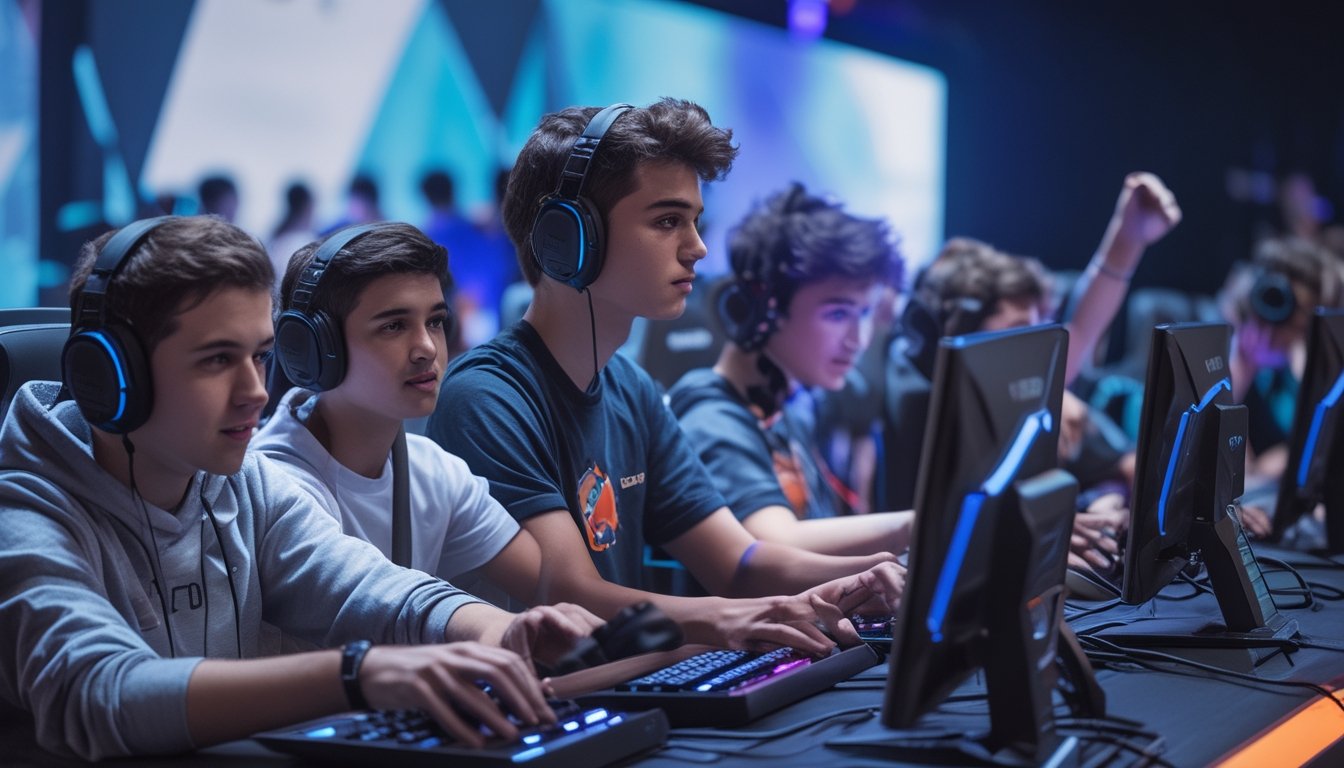 Sekelompok pemain esports muda sedang berlatih, berkompetisi, dan merayakan kemenangan dalam berbagai tahap karir mereka.