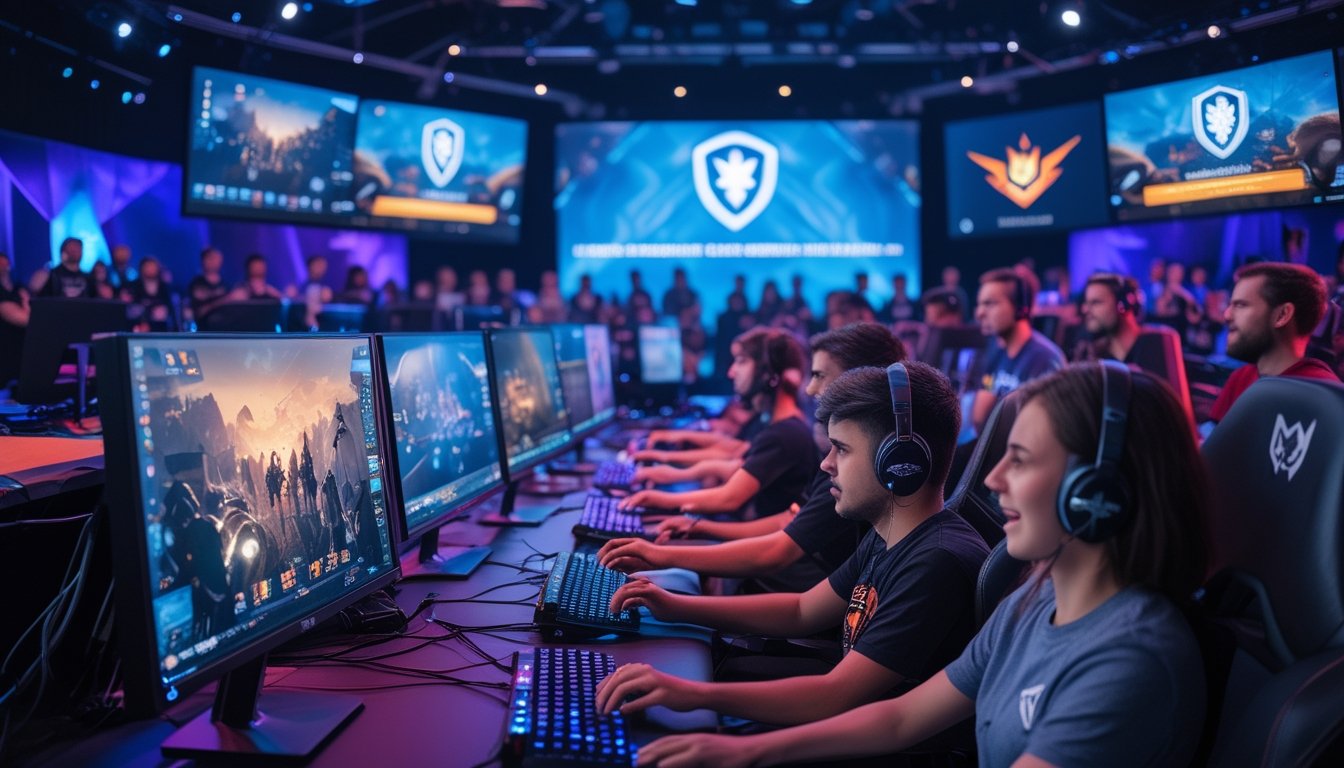 Sekelompok pemain esports fokus bermain di komputer dengan layar menampilkan berbagai permainan populer, dikelilingi oleh penonton yang antusias di arena permainan.