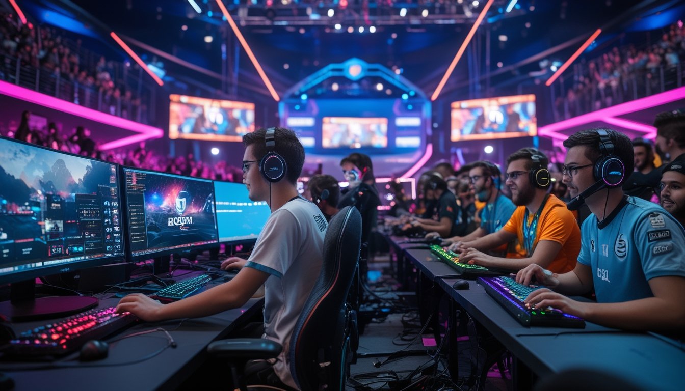 Kerumunan pemain dan penggemar esports yang sedang menikmati pertandingan di acara gaming besar dengan panggung dan layar besar di latar belakang.