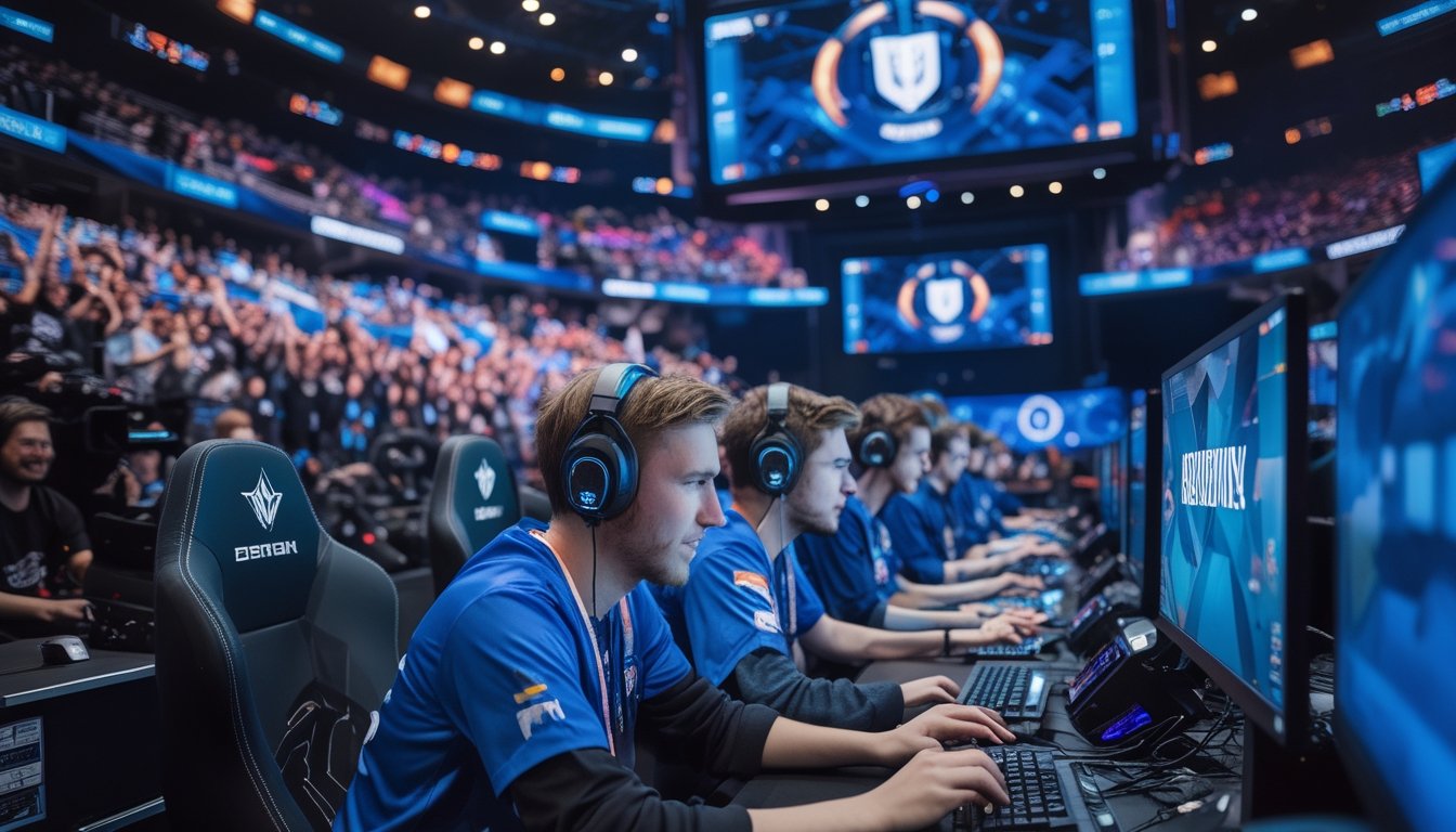 Sejumlah pemain esports internasional sedang bermain di arena dengan layar besar dan penonton yang antusias.