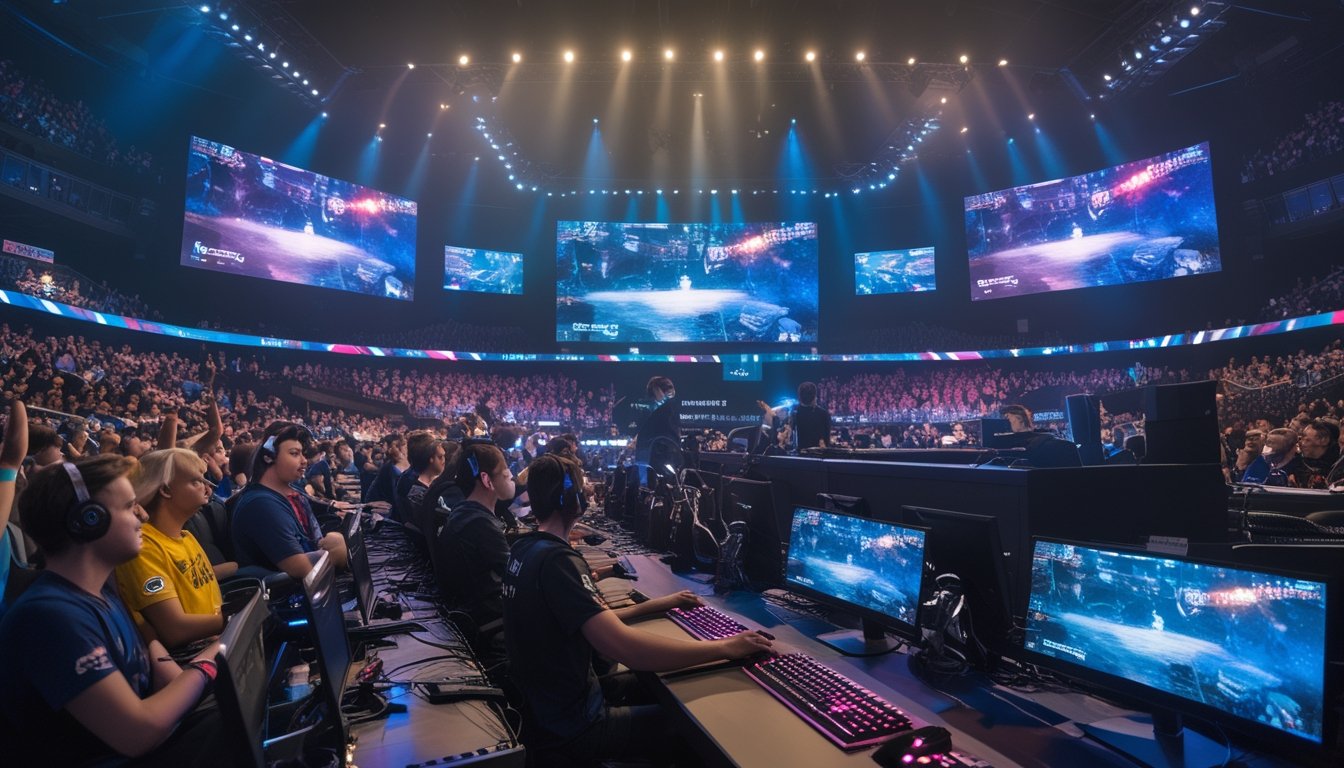 Suasana turnamen esports internasional dengan penonton ramai menonton pertandingan di layar besar dan pemain profesional sedang bermain di panggung.