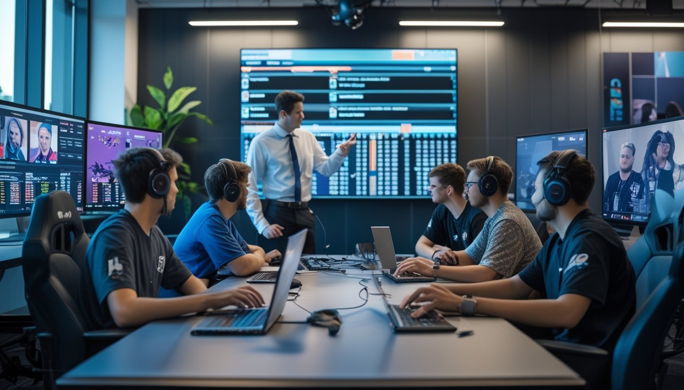 Sekelompok pemain tim esports profesional sedang berdiskusi dan merencanakan strategi di ruang kantor modern dengan monitor dan papan digital.