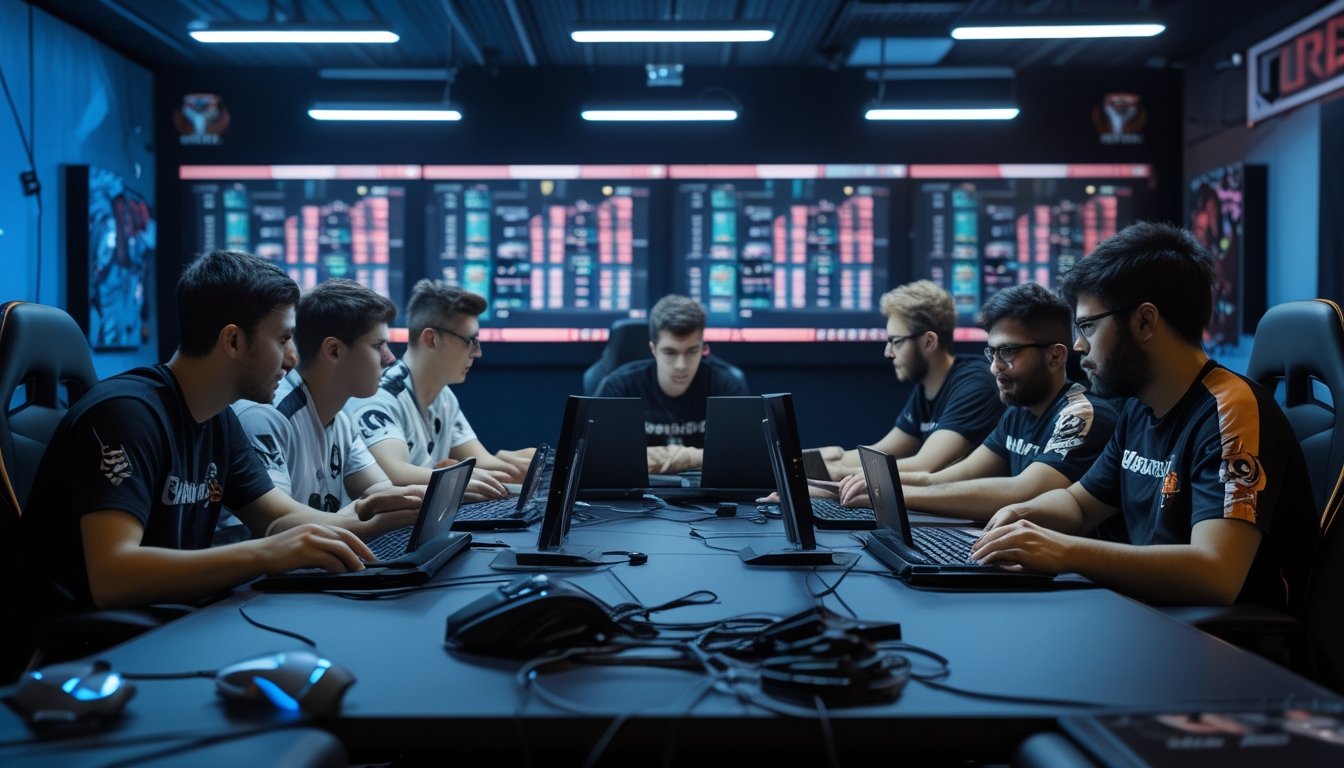 Sekelompok pemain esports sedang berdiskusi dan merencanakan strategi di ruangan gaming modern.