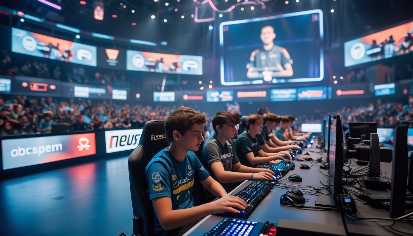 Suasana arena esports dengan pemain dan penonton yang antusias serta logo sponsor dan merek besar di latar belakang.